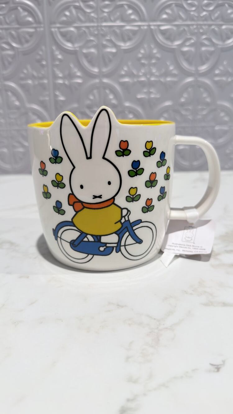 Miffy By Magenta Bunny On Bike Flowers Ceramic Coffee Mug Yellow Interior NWT